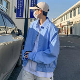 Threebooy Spring Clothing Men's Leisure Striped Zipper Short Shirt Jacket  Korean Sky Blue Harajuku Long Sleeve Light Luxury Coats